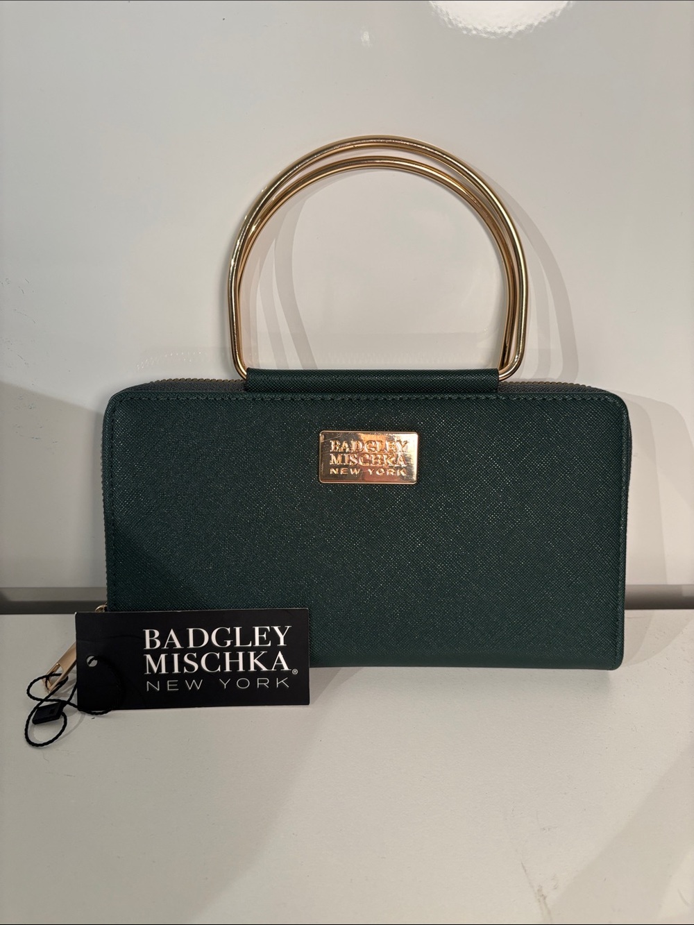 Badgley Mischka Forest Green Saffiano Clutch with Gold Handles